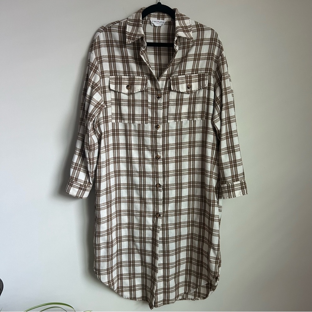 First Love Long Plaid Mocha Brown Shacket Size Small